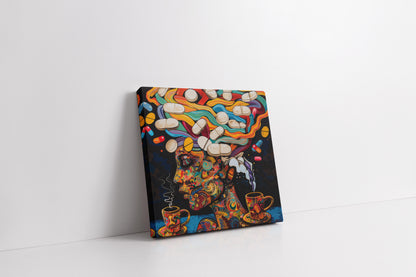 "Cosmic Caffeine and Clarity" - Psychedelic Canvas Painting of Coffee and Pills