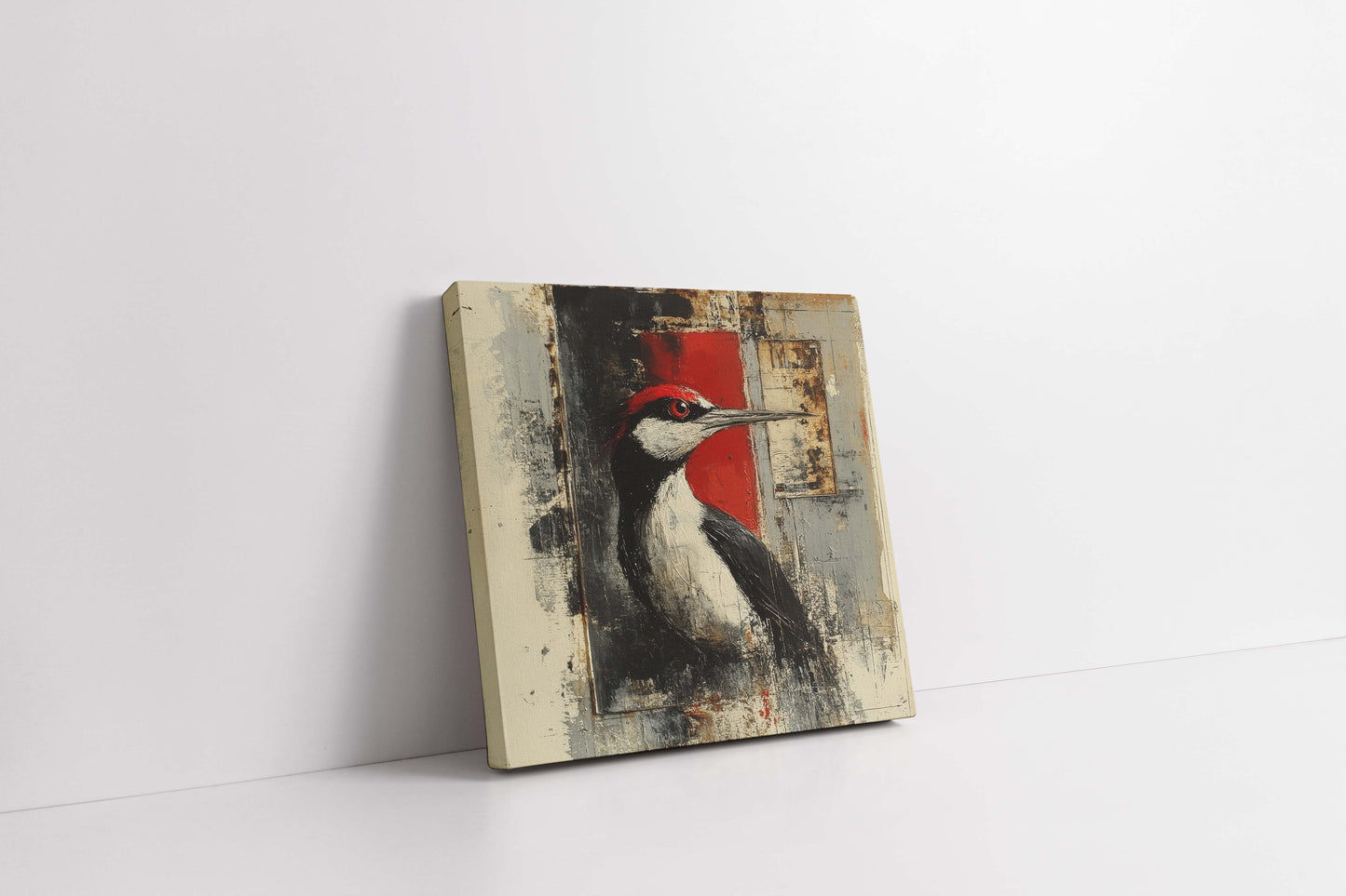 Crimson Crest | Modern Abstract Woodpecker Mixed Media Canvas Art