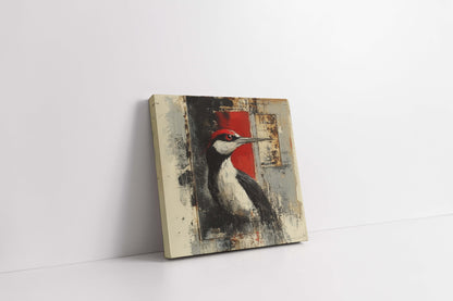 Crimson Crest | Modern Abstract Woodpecker Mixed Media Canvas Art