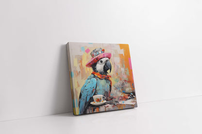 "The Tea Party Traveler" | Whimsical Surrealist Parrot Canvas Art