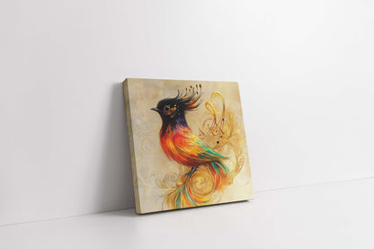 Golden Symphony: Vibrant Canvas Art of a Whimsical Firebird