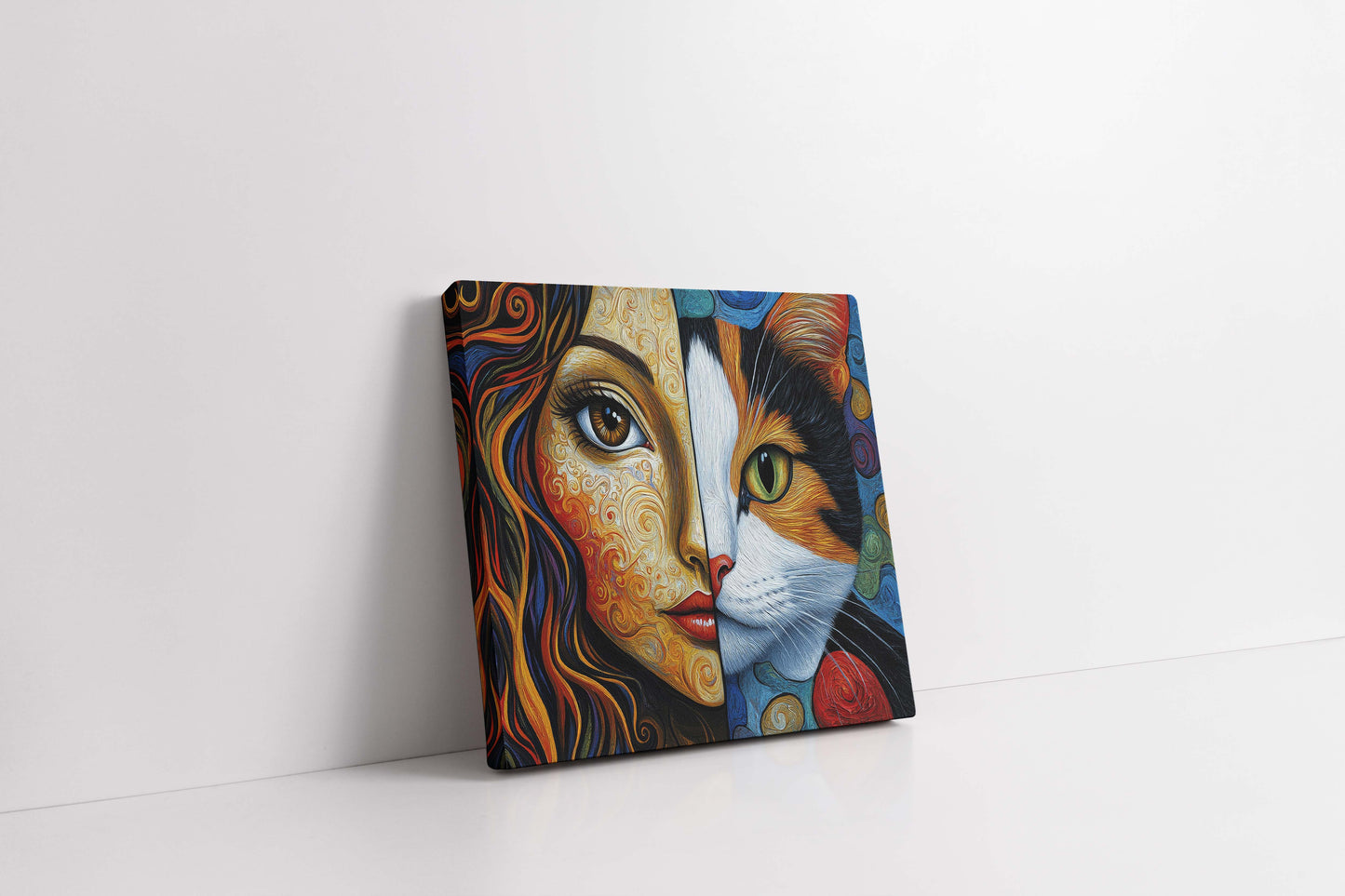 Soul Bond | Vibrant Impasto Woman and Cat Split Portrait Canvas Art