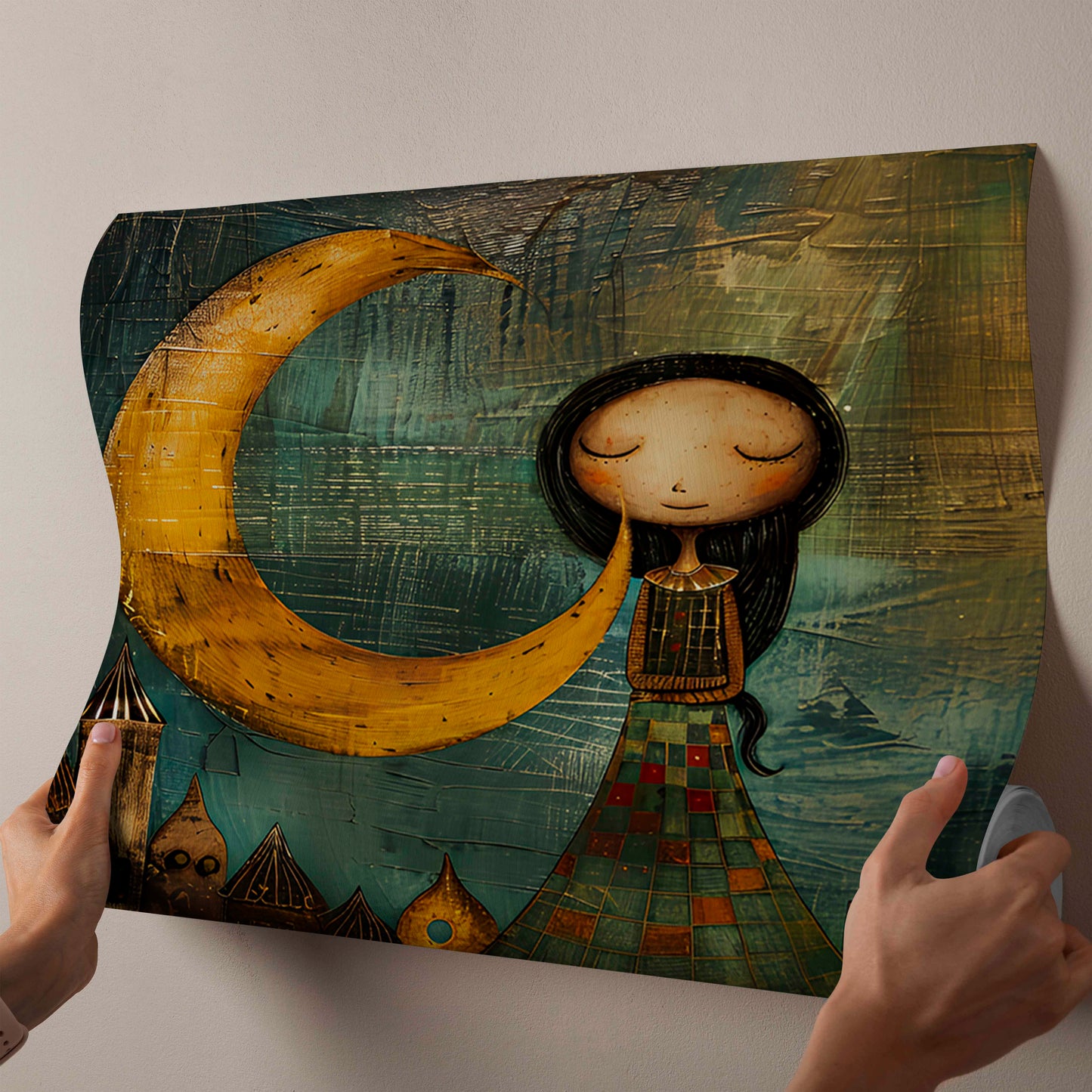 Whimsical Moon Maiden & Floating Town - Folk Art Canvas Painting