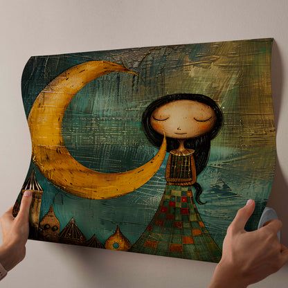 Whimsical Moon Maiden & Floating Town - Folk Art Canvas Painting