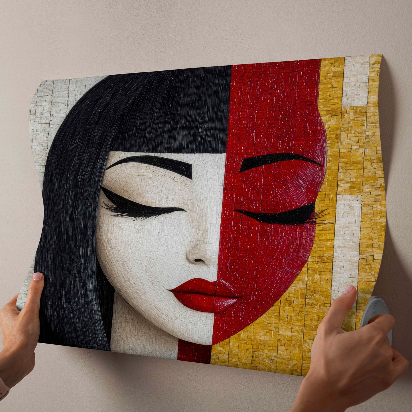 Abstract Split-Face Mosaic Woman Portrait – Black, Red, & Gold Canvas Wall Art