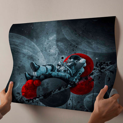 Surreal Astronaut in Red Sphere Space Canvas Painting