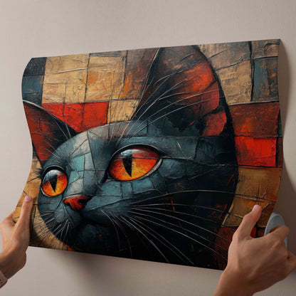 Abstract Cubist Cat Canvas Painting - Modern Geometric Wall Art