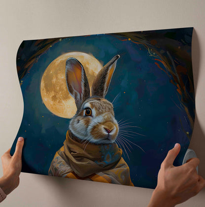 Meditating Hare Under Full Moon – Fantasy Animal Canvas Print