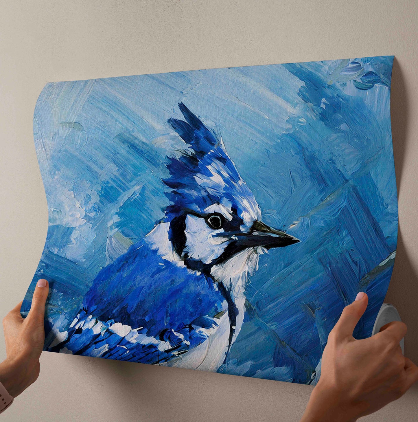 Impasto Blue Jay on a Winter Branch - Textured Canvas Painting