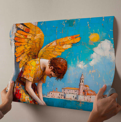 "The Contemplative Angel" - Heavily Textured Golden Wings Canvas Painting