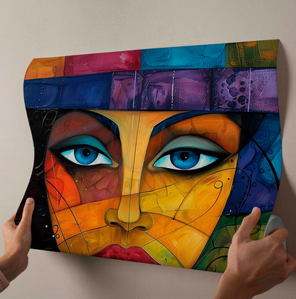 Vibrant Cubist Portrait: Abstract Woman's Face Canvas Painting