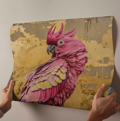 "The Gilded Galah" – Textured Pink Cockatoo & Abstract Gold Leaf Canvas Painting