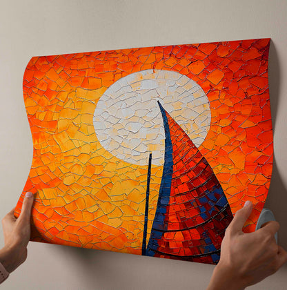 Fiery Sunset Sailboat – Textured Impasto Palette Knife Oil Painting on Canvas