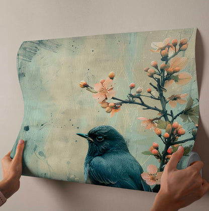 Vintage Blue Bird on Blossom Branch Canvas Painting