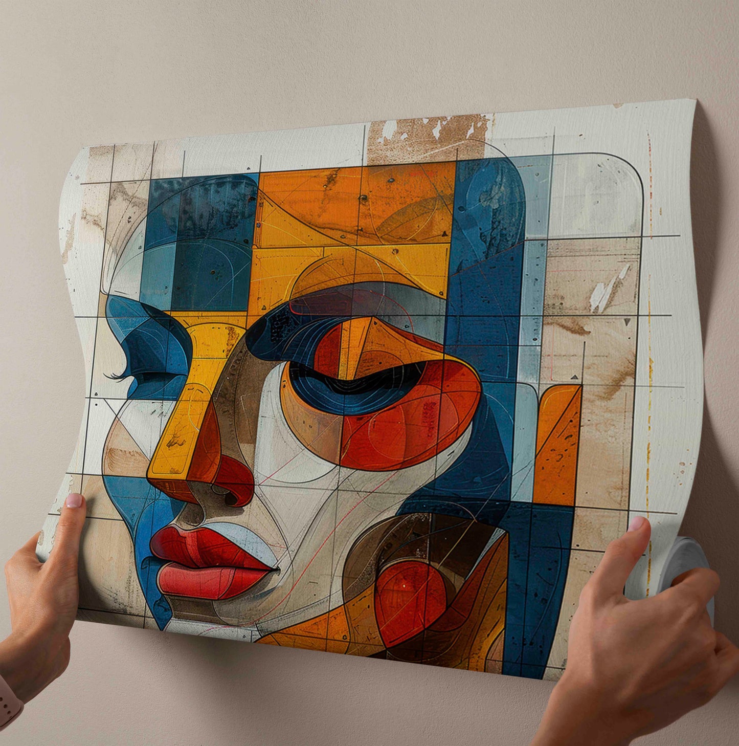 Architectural Abstract Face Canvas Painting - Geometric Cubist Portrait Wall Art