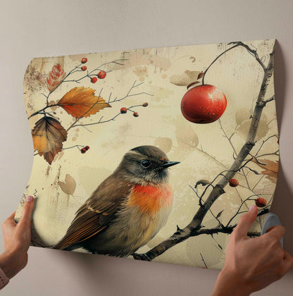 Vintage Autumn Robin & Berries - Rustic Canvas Wall Art