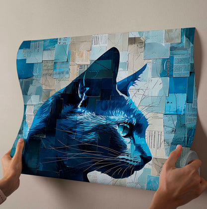 Abstract Blue Cat Collage – Mixed Media Style Canvas Art