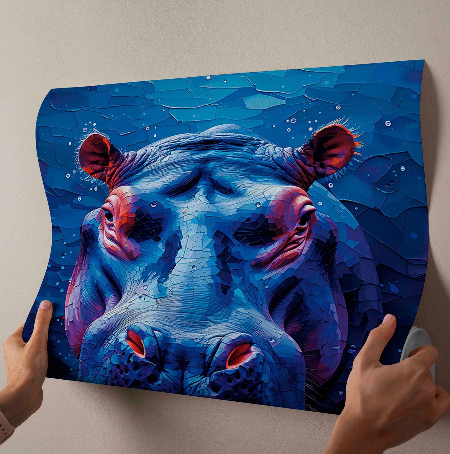 "Midnight Hippo: Textured Mosaic Canvas Painting"