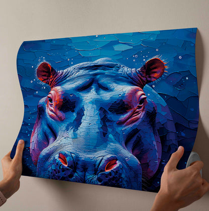 "Midnight Hippo: Textured Mosaic Canvas Painting"