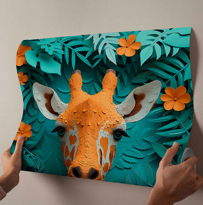 Whimsical Paper-Cut Style Giraffe Canvas Wall Art - Orange & Teal Jungle Decor