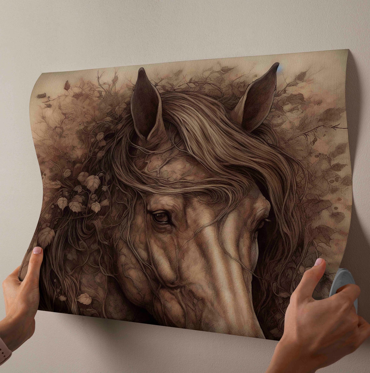 "Forest Spirit" – Rustic Sepia Horse with Botanical Mane Canvas Wall Art