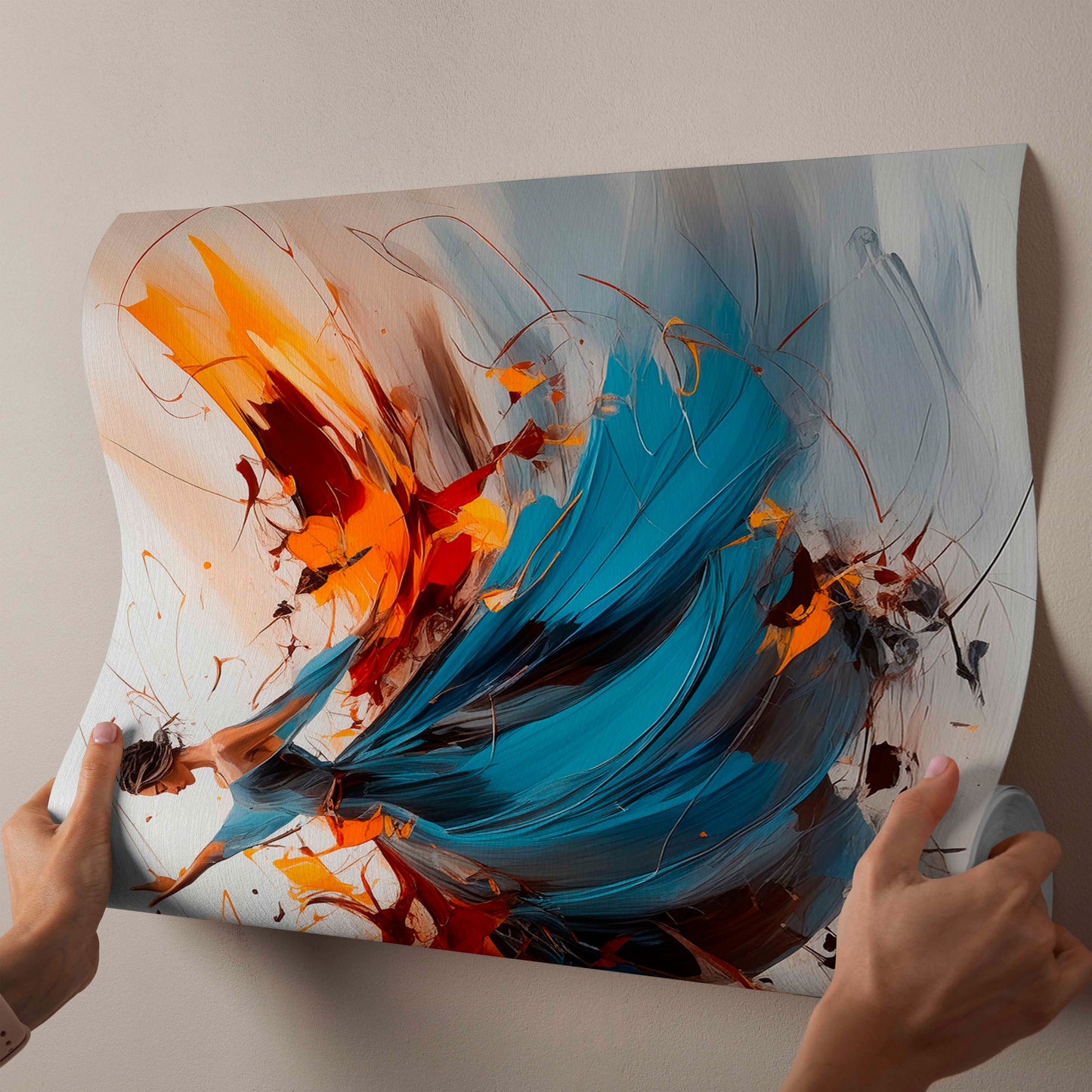 Abstract Woman in Blue Dress Canvas Art - Dynamic Motion Wall Decor - Vibrant Orange and Blue Expressive Painting for Modern Home
