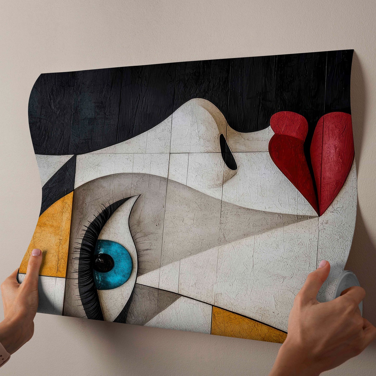 Modern Cubist Profile Canvas Art - Geometric Face Wall Decor - Abstract Blue Eye & Red Lips Print