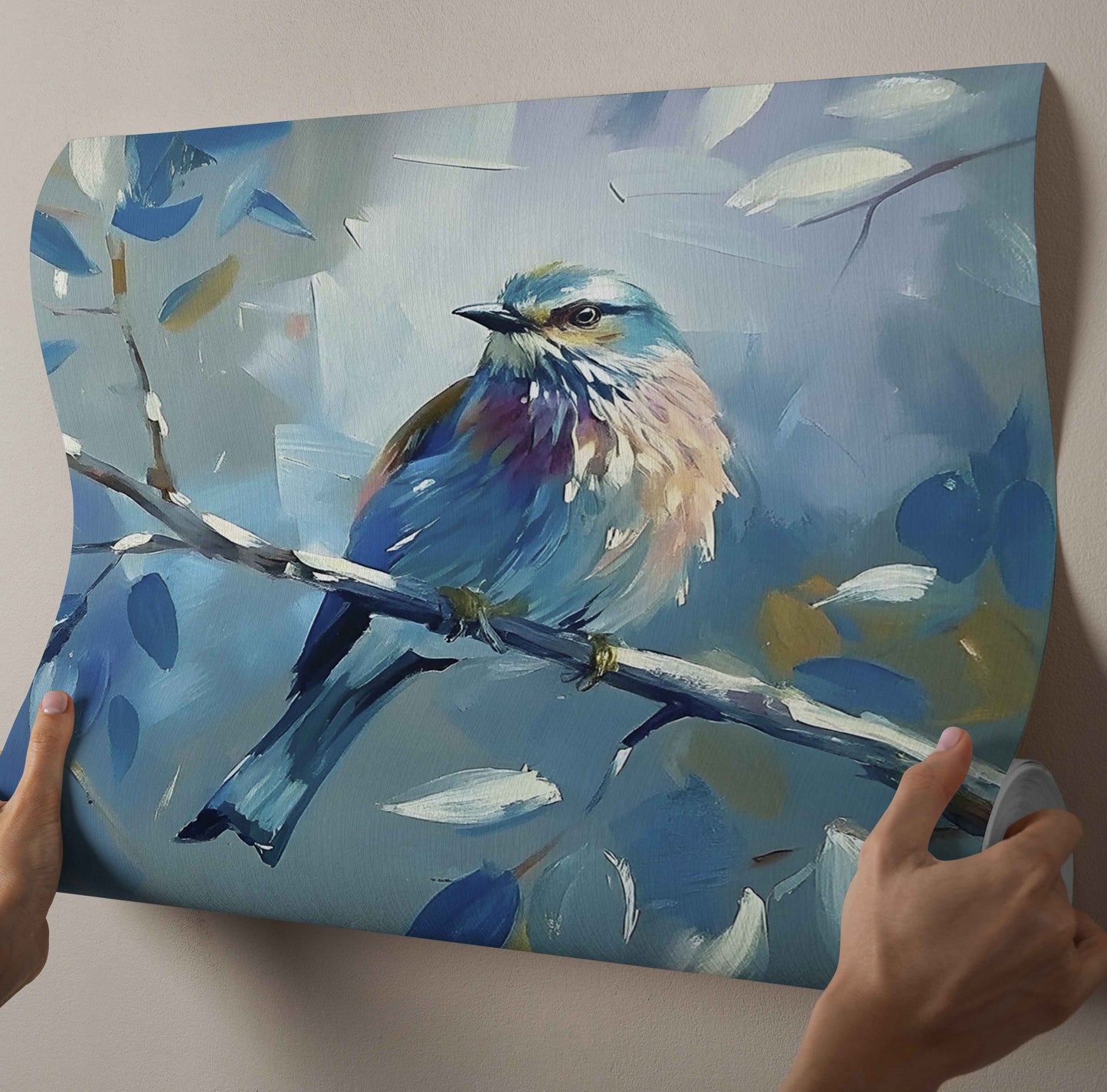 Vibrant Blue Roller Bird on Branch - Textured Impressionist Canvas Wall Art