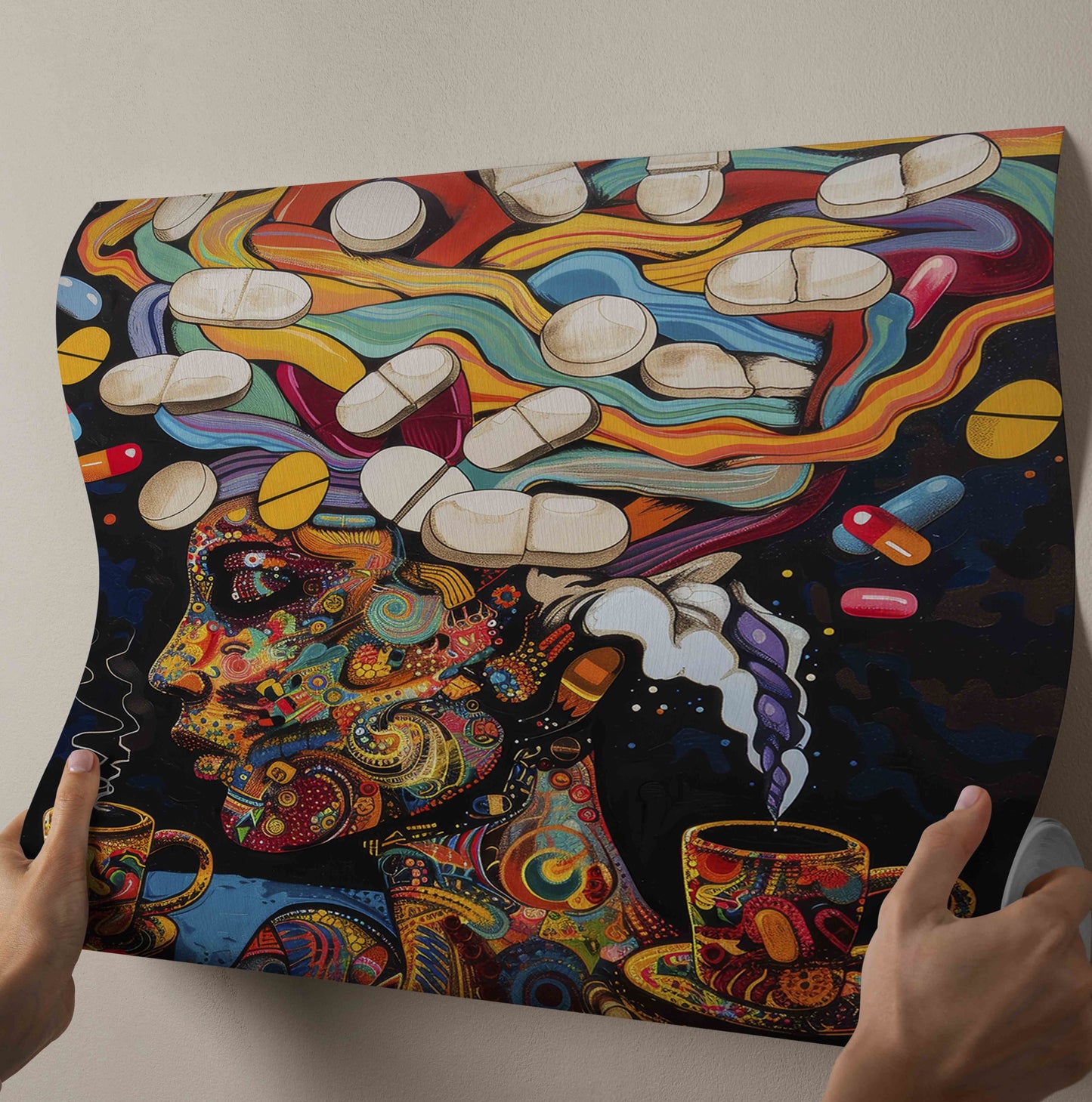 "Cosmic Caffeine and Clarity" - Psychedelic Canvas Painting of Coffee and Pills