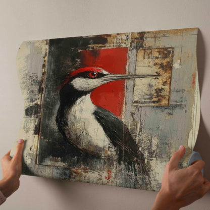 Crimson Crest | Modern Abstract Woodpecker Mixed Media Canvas Art