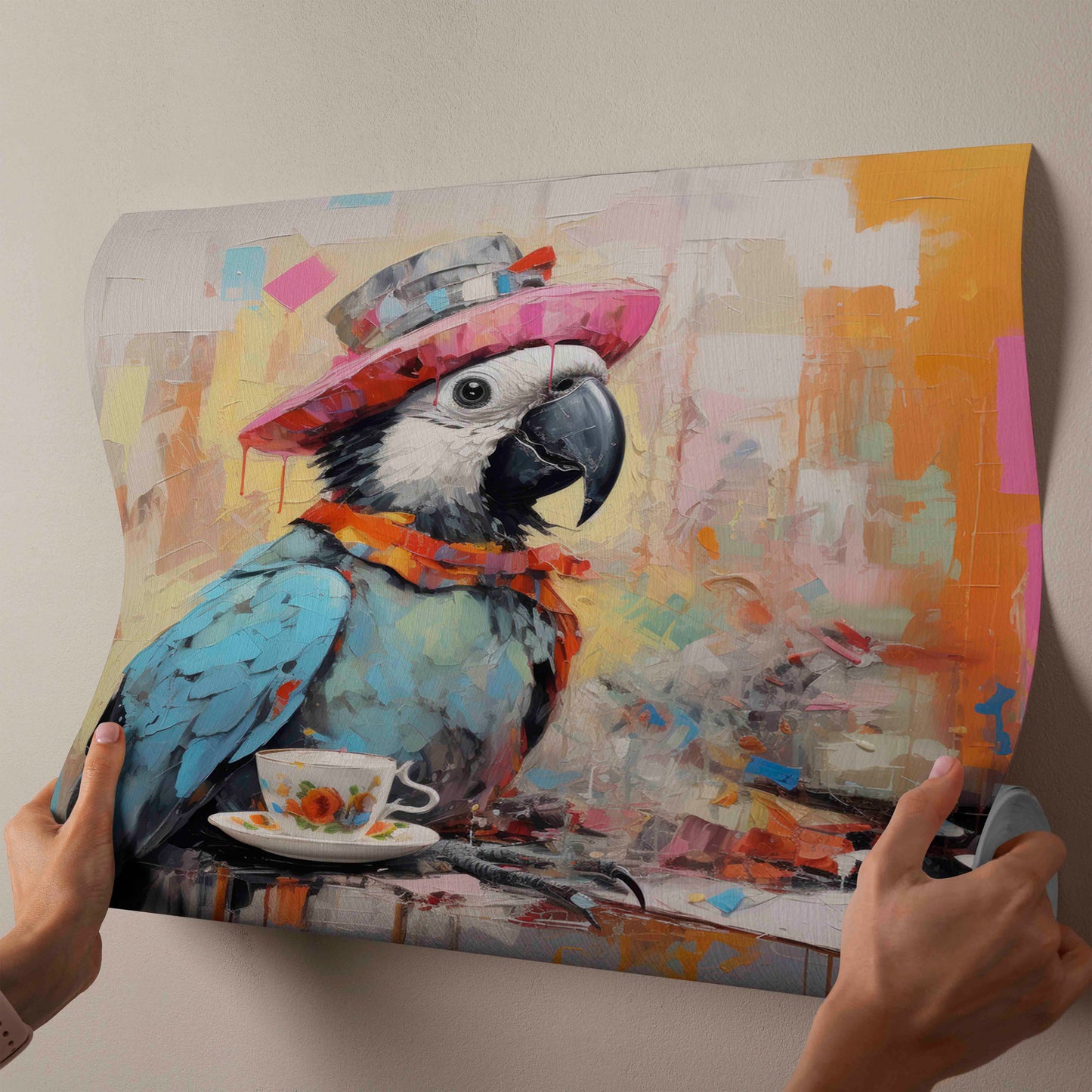 "The Tea Party Traveler" | Whimsical Surrealist Parrot Canvas Art