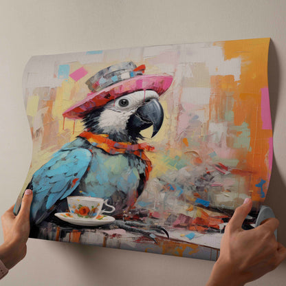 "The Tea Party Traveler" | Whimsical Surrealist Parrot Canvas Art