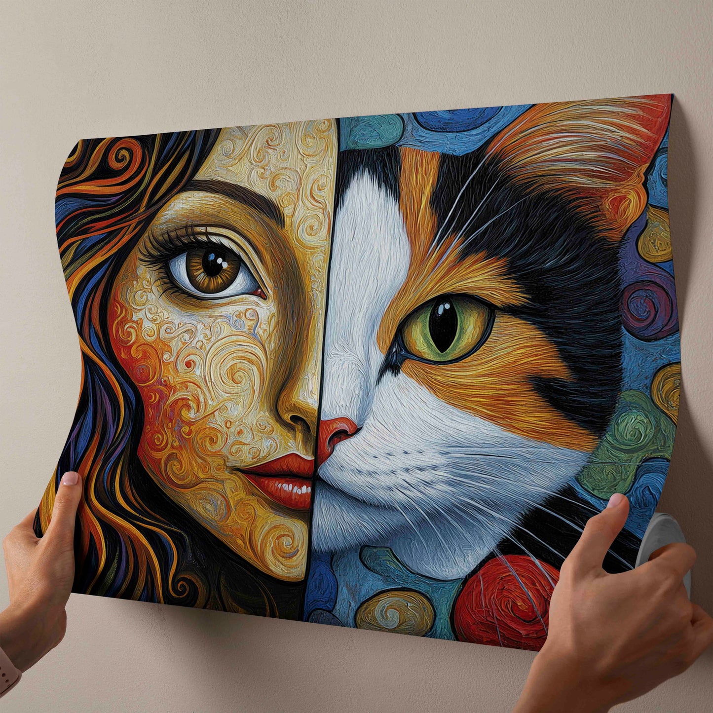 Soul Bond | Vibrant Impasto Woman and Cat Split Portrait Canvas Art