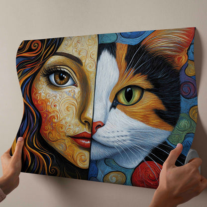 Soul Bond | Vibrant Impasto Woman and Cat Split Portrait Canvas Art