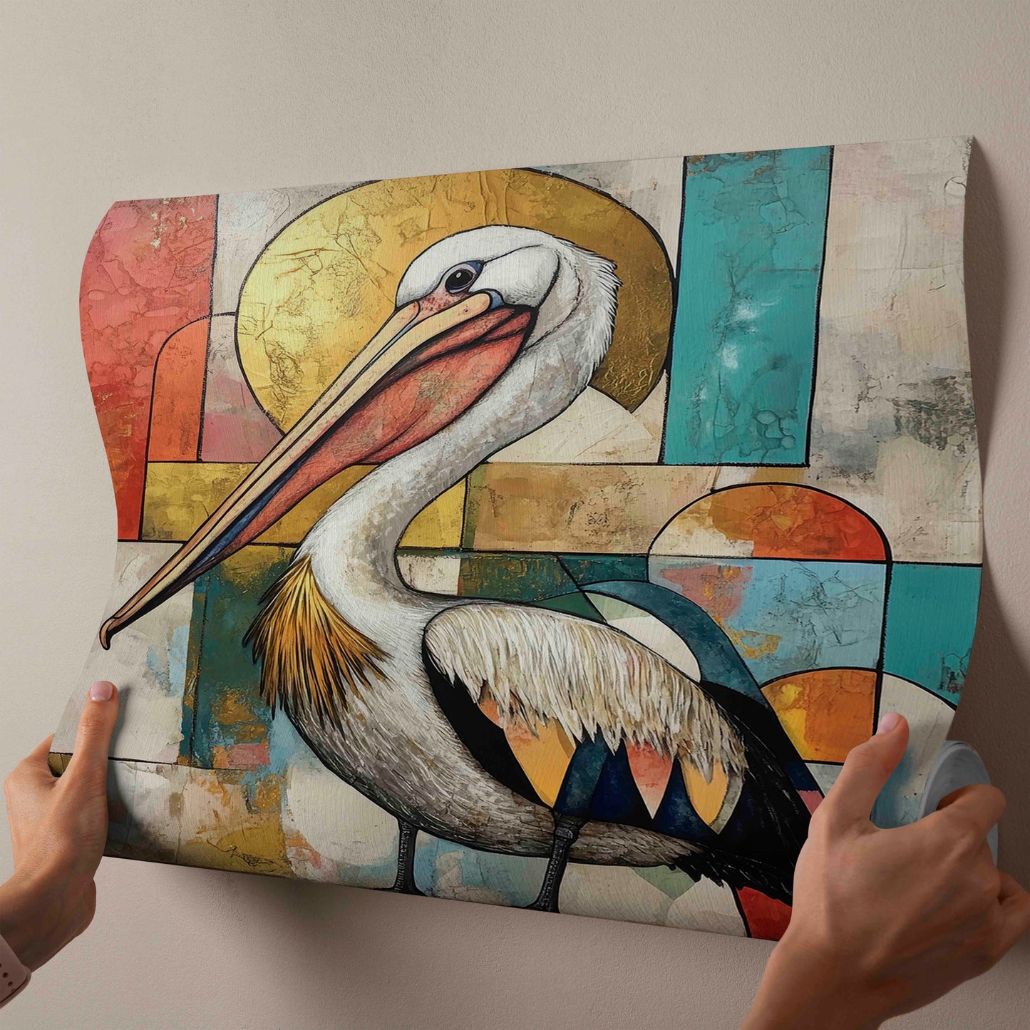 Aurelian Grace: Abstract Pelican Mixed-Media Canvas Art