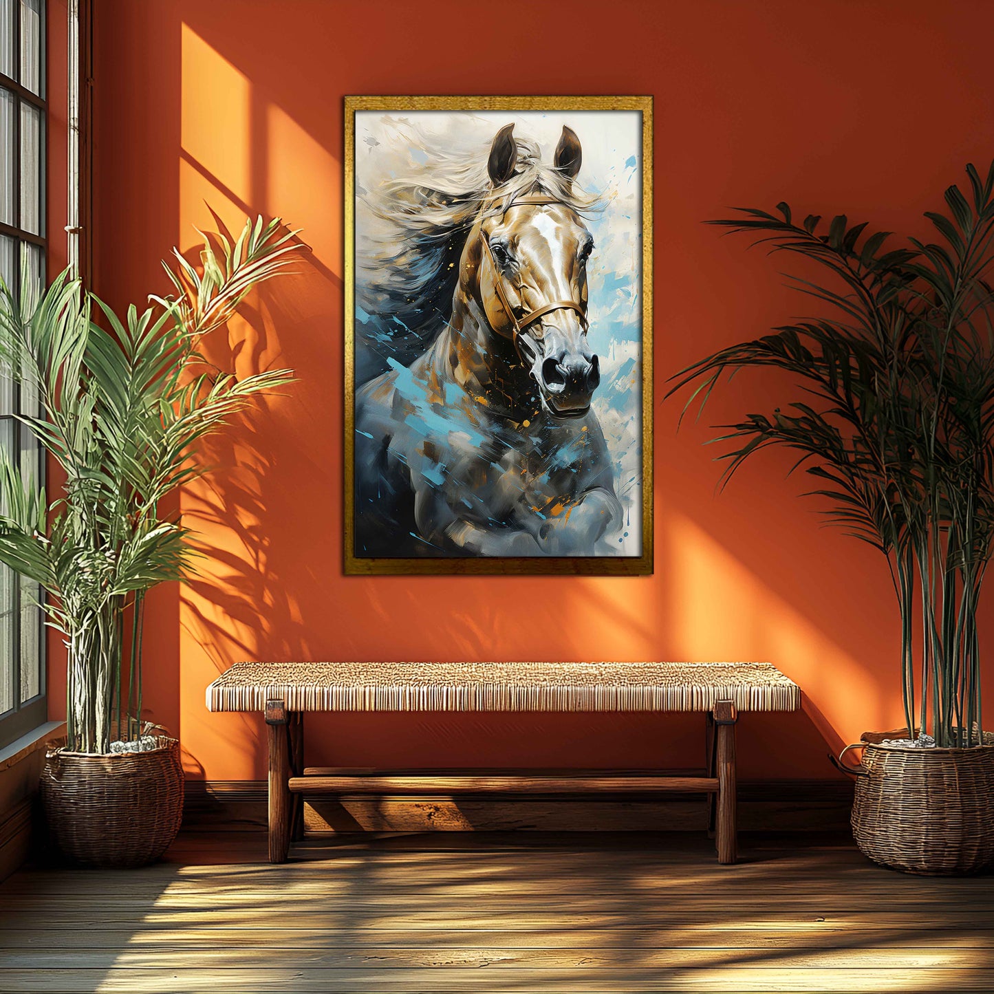 Dynamic Elegance: Golden and Blue Abstract Horse Canvas Painting