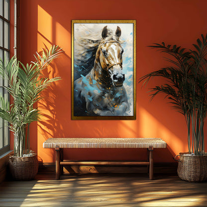 Dynamic Elegance: Golden and Blue Abstract Horse Canvas Painting