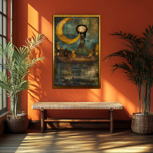 Whimsical Moon Maiden & Floating Town - Folk Art Canvas Painting