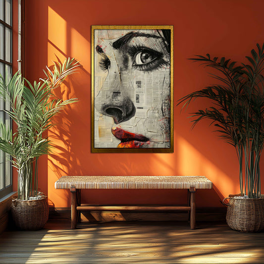 Mixed Media Woman Portrait on Newspaper Collage Canvas