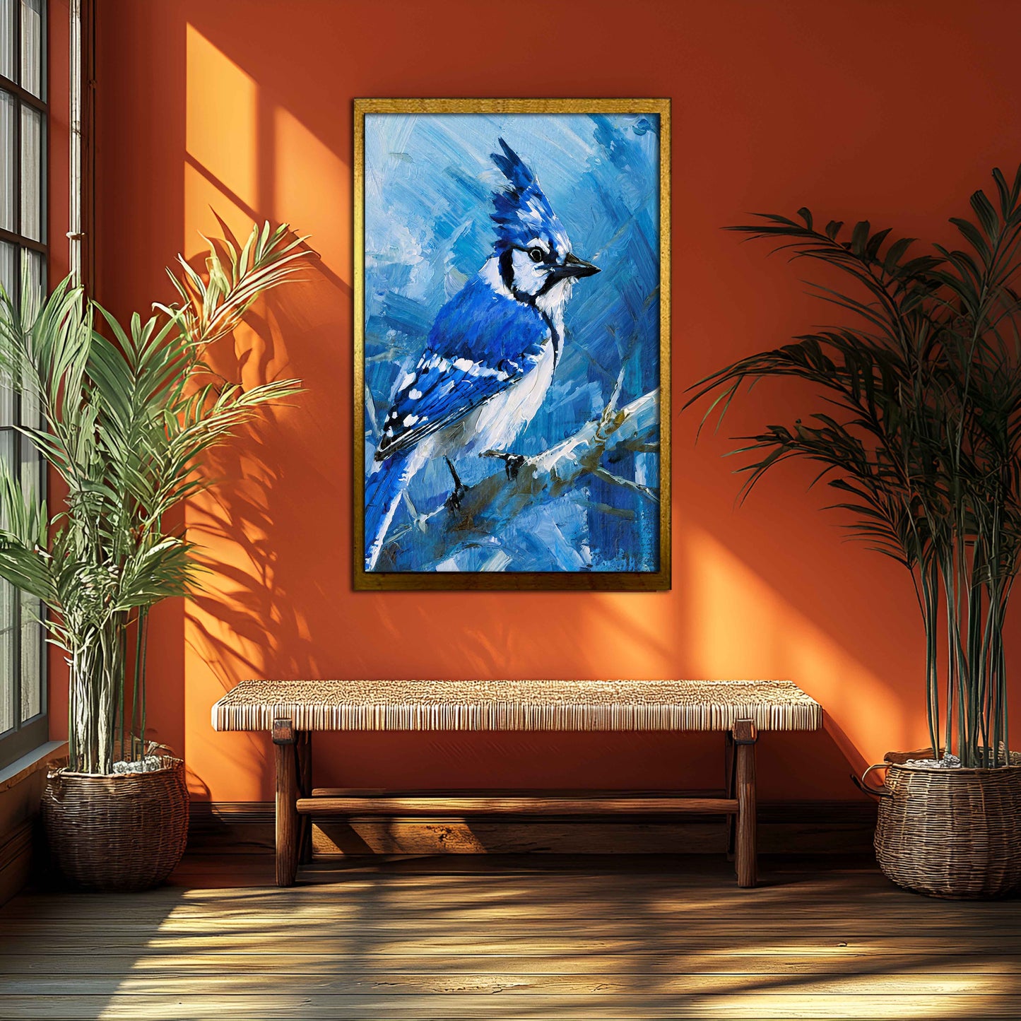 Impasto Blue Jay on a Winter Branch - Textured Canvas Painting