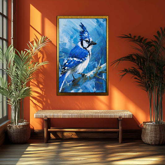 Impasto Blue Jay on a Winter Branch - Textured Canvas Painting
