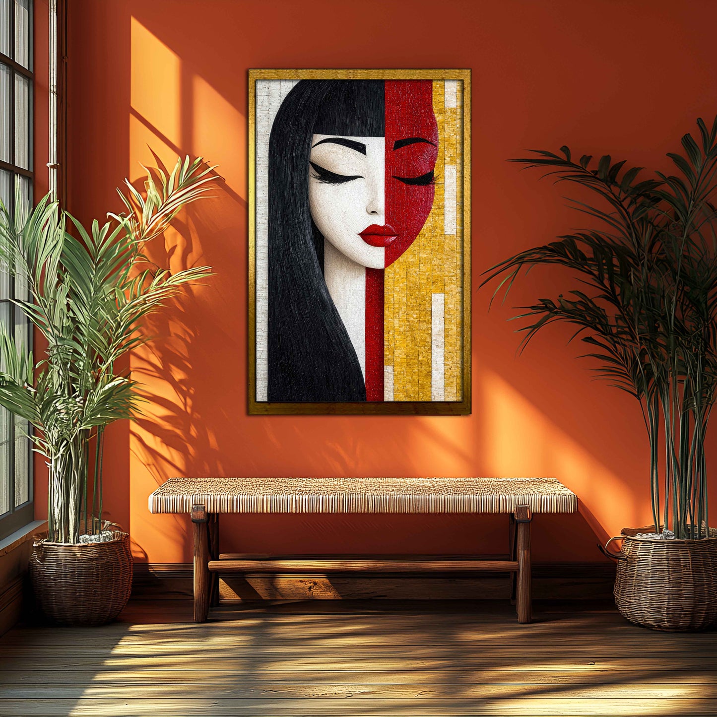 Abstract Split-Face Mosaic Woman Portrait – Black, Red, & Gold Canvas Wall Art