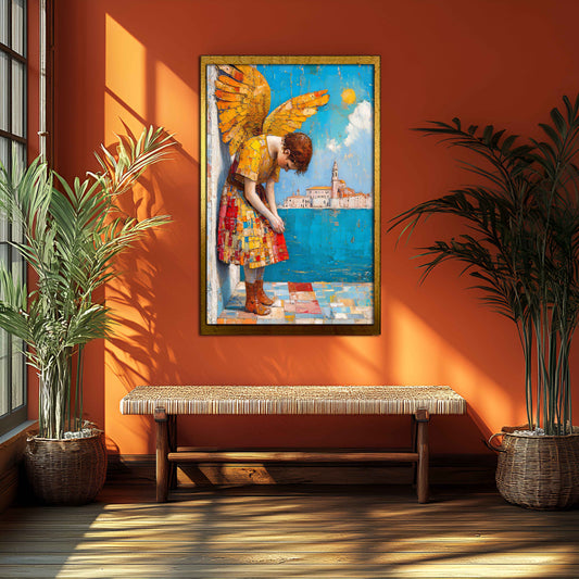 "The Contemplative Angel" - Heavily Textured Golden Wings Canvas Painting