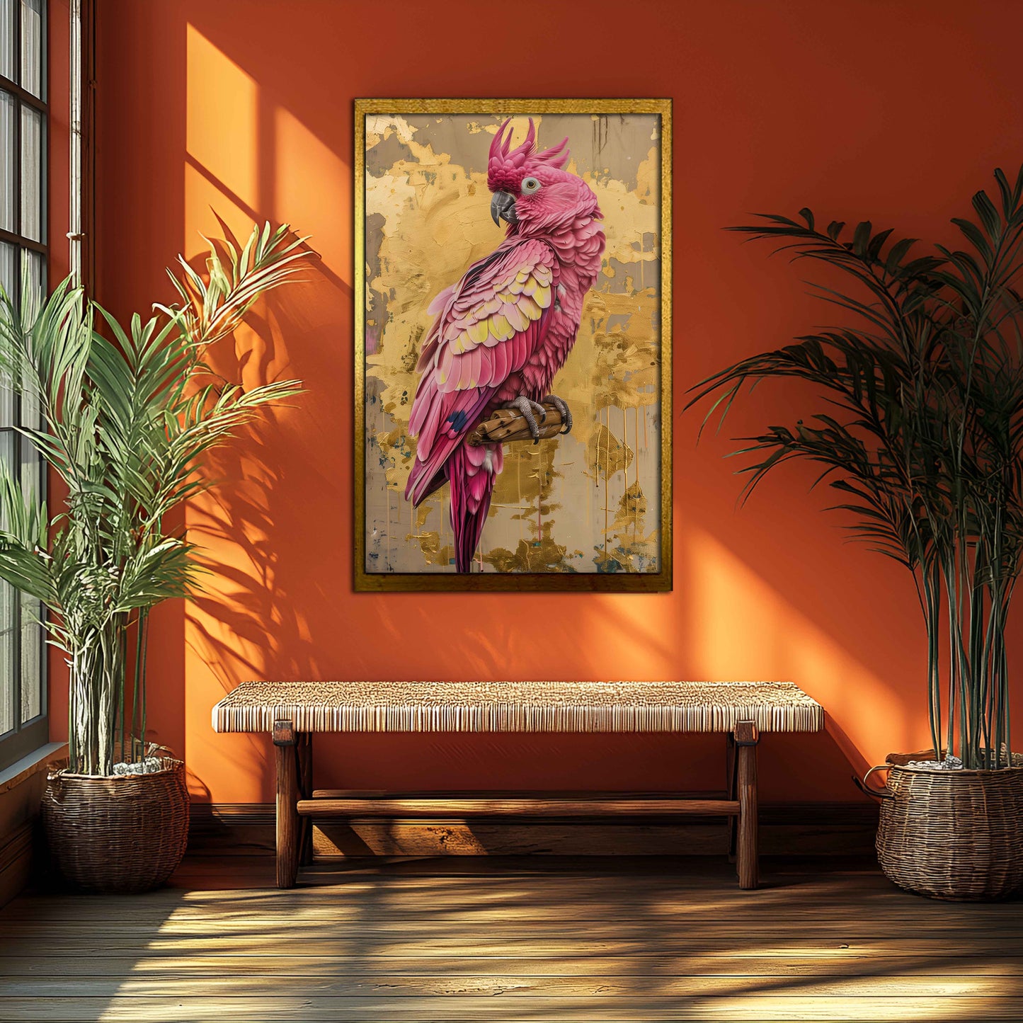 "The Gilded Galah" – Textured Pink Cockatoo & Abstract Gold Leaf Canvas Painting