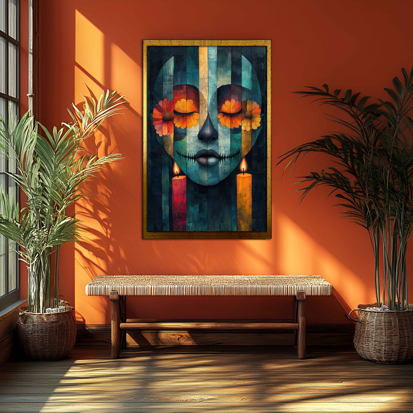 Mystic Calavera: Abstract Día de los Muertos Canvas Painting with Marigolds & Candles