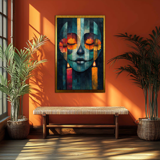 Mystic Calavera: Abstract Día de los Muertos Canvas Painting with Marigolds & Candles