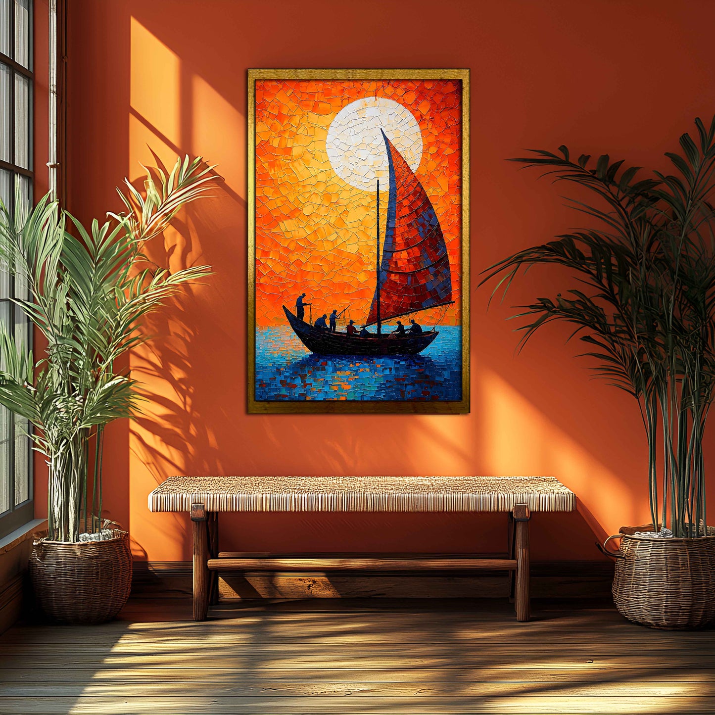 Fiery Sunset Sailboat – Textured Impasto Palette Knife Oil Painting on Canvas