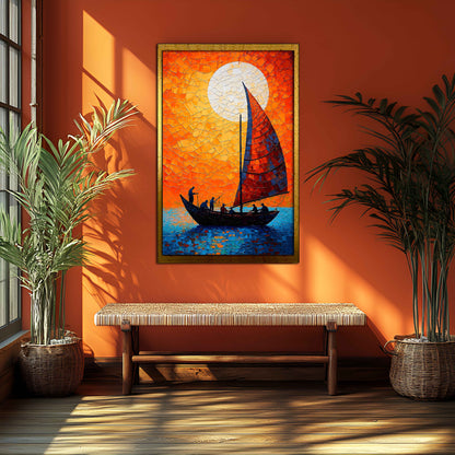 Fiery Sunset Sailboat – Textured Impasto Palette Knife Oil Painting on Canvas
