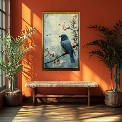 Vintage Blue Bird on Blossom Branch Canvas Painting