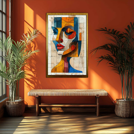 Architectural Abstract Face Canvas Painting - Geometric Cubist Portrait Wall Art